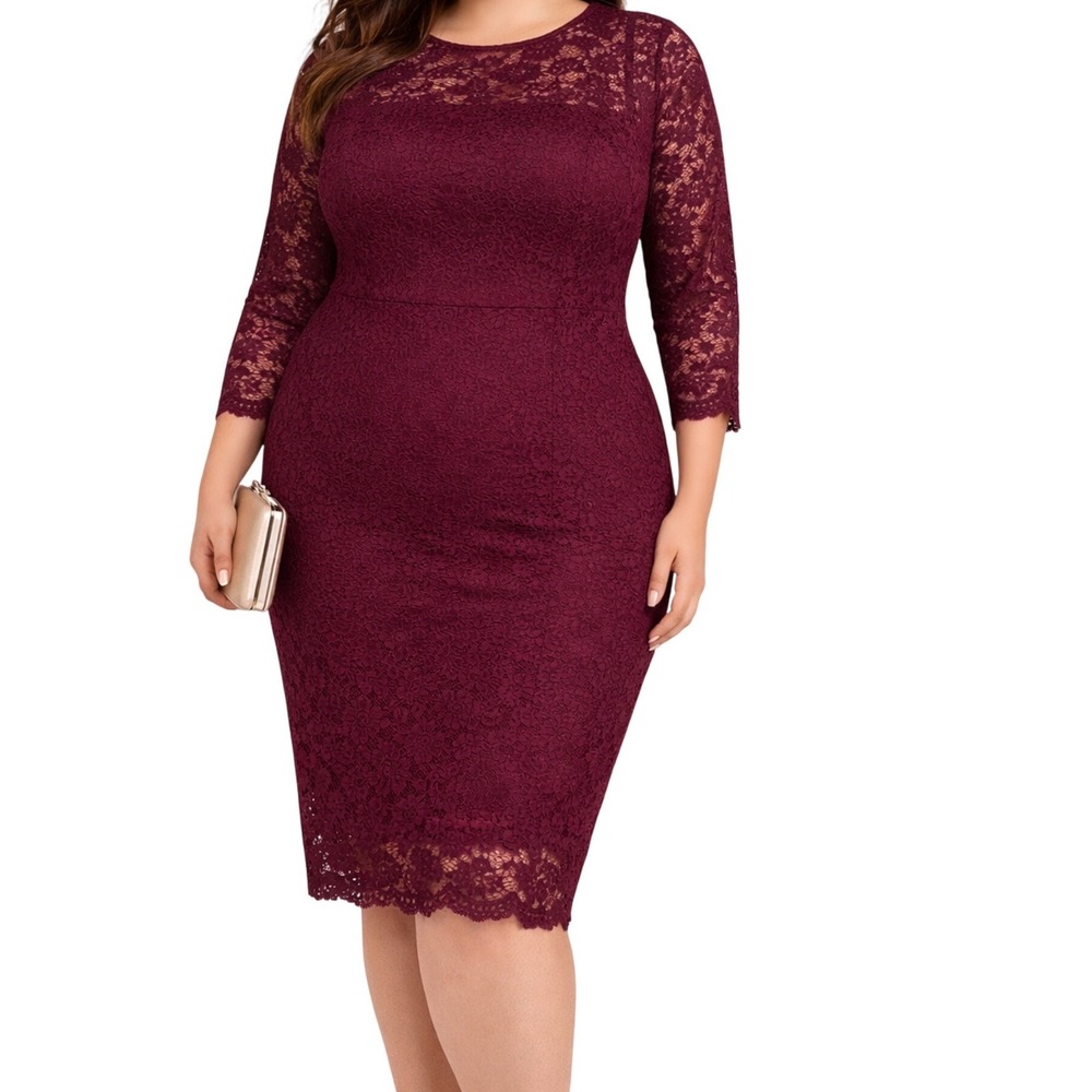 MIUSOL 2X Magenta Lace Midi Dress Plus‎ Size Bodycon 3/4 Sleeve NWT